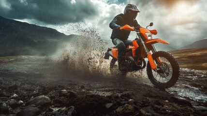 Off-road motorbike adventure in stormy weather