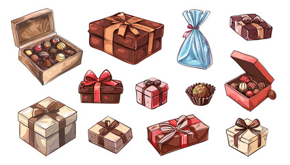 Present boxes with chocolate candies. Cartoon sketch gifts, sweet delicious desserts. Isolated choco candy, plastic bag with lollies, vector set