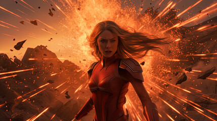 Action shot with woman in the sci-fi battle scene, superhero surrounded by sparkles. Dynamic scene in action movie blockbuster style.