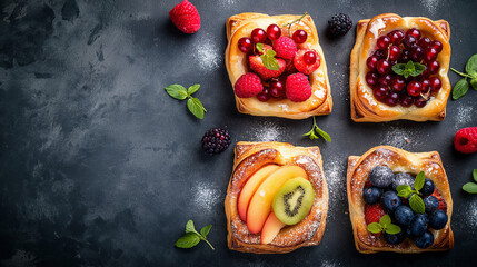 Puff pastries with fresh fruit and text space