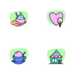 Ice cream cafe line icon set. Hand with dessert, coffee with ice-cream, big heart, ice cream shop or cafe. Food and dessert concept. Vector illustration for web design and apps