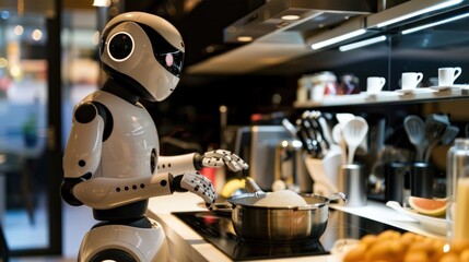 Modern robot preparing food in a kitchen with fresh vegetables and stainless steel pots on the counter.