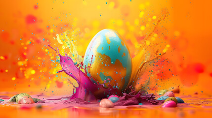 easter egg in a color explosion or splash on orange background - obrazy, fototapety, plakaty