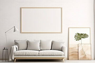  Mockup poster on the wall of living room. Empty frame mock up. Modern Japandi interior design