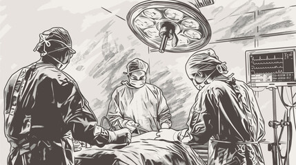 Obraz premium Working surgeon in operating room, vintage engraving sketch illustration. Medical team at work. Surgery process in hospital, vector scene