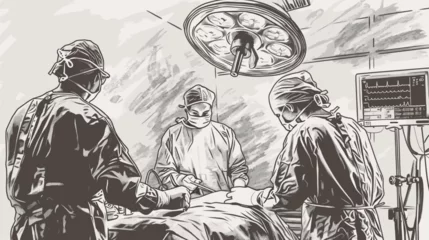 Foto auf Alu-Dibond Working surgeon in operating room, vintage engraving sketch illustration. Medical team at work. Surgery process in hospital, vector scene © LadadikArt
