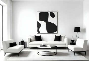 A chic and trendy living room decor featuring a white sofa and a stylish abstract poster in monochromatic tones of black and white.