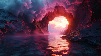 Ocean waves with lava and fire, dark smoke rises to the top. - obrazy, fototapety, plakaty