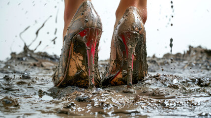 women's shoes in the mud - obrazy, fototapety, plakaty