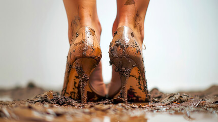 women's shoes in the mud - obrazy, fototapety, plakaty