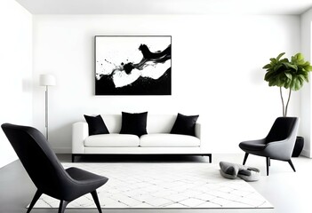 A chic and trendy living room decor featuring a white sofa and a stylish abstract poster in monochromatic tones of black and white.