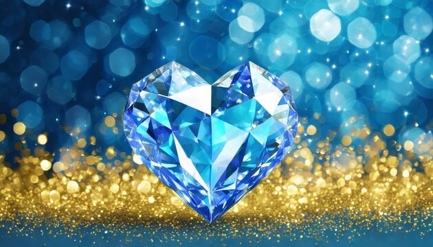 blue diamond in shape of heart on festive blue background with bright gold particles and bokeh effect illustration for greeting card holiday valentine s day concept symbol of love copy space