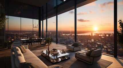 Urban high-rise penthouse apartment with panoramic city views. - obrazy, fototapety, plakaty