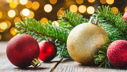 Fototapeta na wymiar christmas background with tree baubles and shiny lights