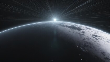 3d rendering of earth from space with run rising and ray light flare at horizon among glowing stars in galaxy for wallpaper sci fi science or technology background - obrazy, fototapety, plakaty