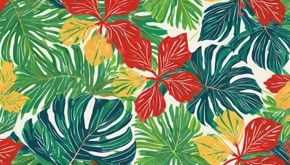 Fotobehang illustration of jungle leaf pattern hawaiian hibiscus primary colors © Heaven