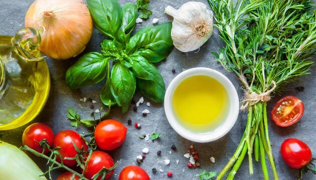 food cooking background food ingredients olive oil herbs and vegeables at stone table top view
