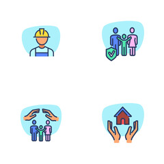 Insurance line icon set. Hands protecting house, family, worker in helmet. Property and peoples life insurance concept. Vector illustration symbol element for web design and apps