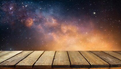 Naklejka na ściany i meble an empty wooden table on the background of a starry space with a nebula