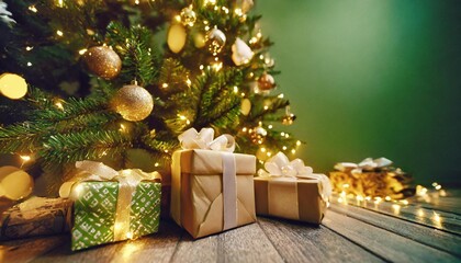 Fototapeta na wymiar present gifts under the christmas tree lights decorating on green background christmas festive greeting celebrate joyful background