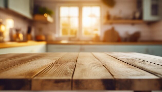 the simplicity of an empty wooden table in a kitchen with a background softly blurred to emphasize the rustic charm and potential for culinary delights
