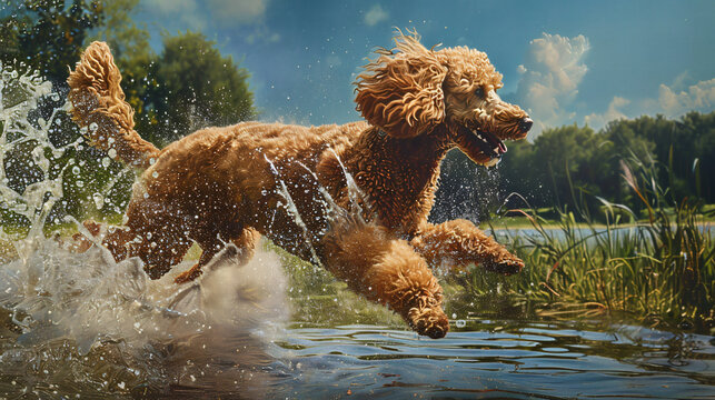 the dynamic energy of a Poodle during a playful activity in a hyperrealistic image.