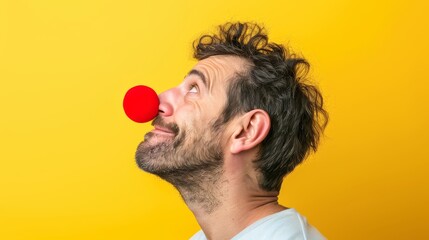 The funny laughing clown, April fools Day, man with a red clown nose, yellow background, happy expression, entertaining gesture, performing arts, prominent jaw, ear, beard, and hair - obrazy, fototapety, plakaty