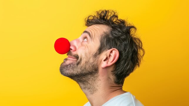 The funny laughing clown, April fools Day, man with a red clown nose, yellow background, happy expression, entertaining gesture, performing arts, prominent jaw, ear, beard, and hair