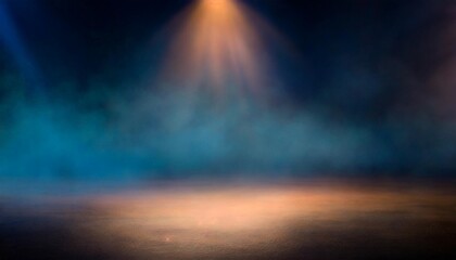blue dark abstract light in night background setting empty scene with smog old black fog under spotlight textured smoke creating dramatic lantern space street concept bright effect on floor - obrazy, fototapety, plakaty
