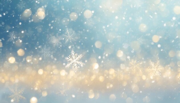 winter scene of snowflakes falling with sparkling ice and bokeh light particles on a dreamy blue background room for copy space