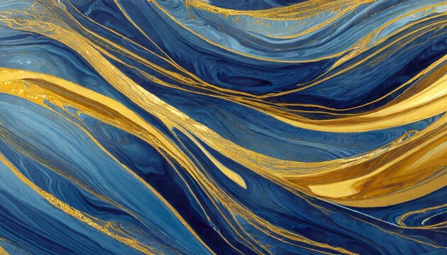 cobalt blue liquid abstract marbled background with golden wavy lines abstract horizontal image for business banner formal backdrop prestigious voucher luxe invite