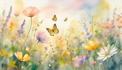 watercolor painting of a spring meadow full of blooming flowers and butterflies spring aquarelle wallpaper floral background