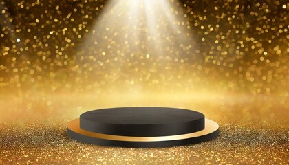 black podium product stage with spotlight and golden glitter background