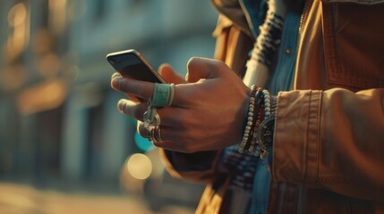 Close-up of male hands in bracelets and rings. Man is using mobile phone.