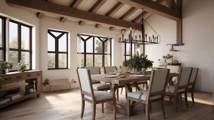 Fototapeta na wymiar Warm modern farmhouse dining room with wood beams Windsor chairs and large industrial chandelier.
