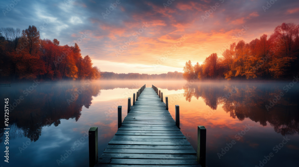 Poster amazing autumn landscape with lake and forest