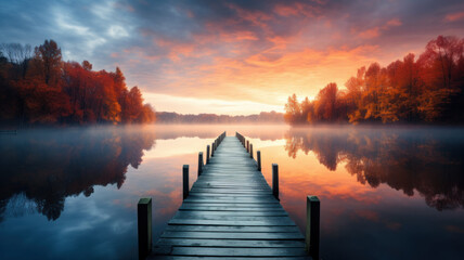 amazing autumn landscape with lake and forest - obrazy, fototapety, plakaty