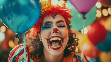 The funny laughing clown, April fools Day, happy woman with colorful hair and a big smile, dressed as a clown, is holding balloons and laughing.