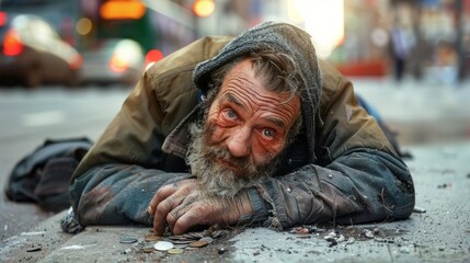 homeless man lying on the street asking for coins - obrazy, fototapety, plakaty