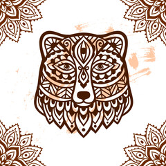 Bear mandala ornament. Vector illustration. Flower Ethnic drawing. Bear animal nature in Zen boho style. Coloring page black and white - 767257585