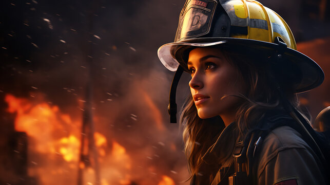 Portrait of a young firewoman standing in front of a burning building.