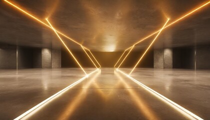 futuristic sci fi orange neon tube lights glowing in concrete floor room with refelctions empty space 3d rendering - obrazy, fototapety, plakaty