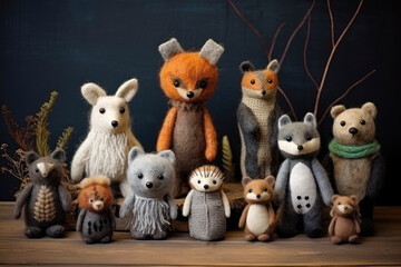 collection of handmade toys. knitted goods, felted wool and cotton stitched animals.