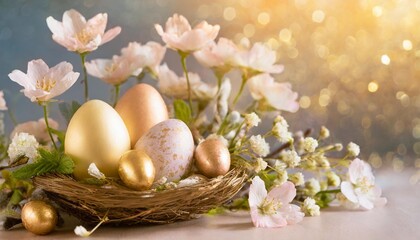 Fototapeta na wymiar beautiful easter composition with eggs and spring flowers on color background