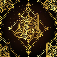 Fox mandala Gold ornament. Vector illustration. Flower Ethnic drawing. Fox animal in Zen boho style. Boho, hippie pattern - 767257780