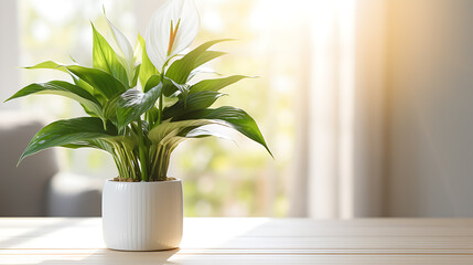 Beautiful houseplant in pot on table in room.