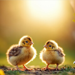 Fototapeta premium Two little yellow chickens in the garden or on the farm. A beautiful free range chicken. Organic poultry farm concept for banner, flyer, poster, presentation.