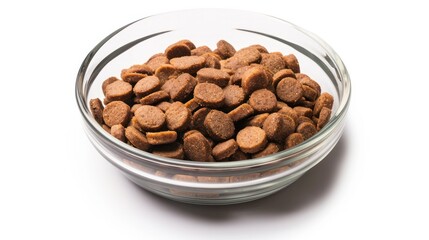 Dry dog food in a bowl on a white background. 