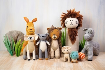 Fototapeta premium collection of handmade toys. knitted goods, felted wool and cotton stitched animals.