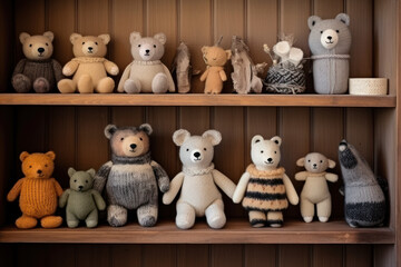 collection of handmade toys. knitted goods, felted wool and cotton stitched animals.